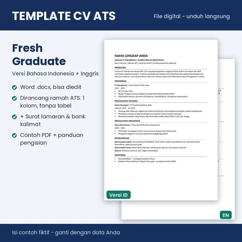 Sampul template CV ATS 01 Fresh Graduate (Word, Indonesia + Inggris)