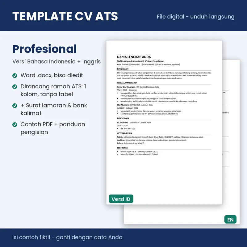 Sampul template CV ATS 02 Profesional (Word, Indonesia + Inggris)