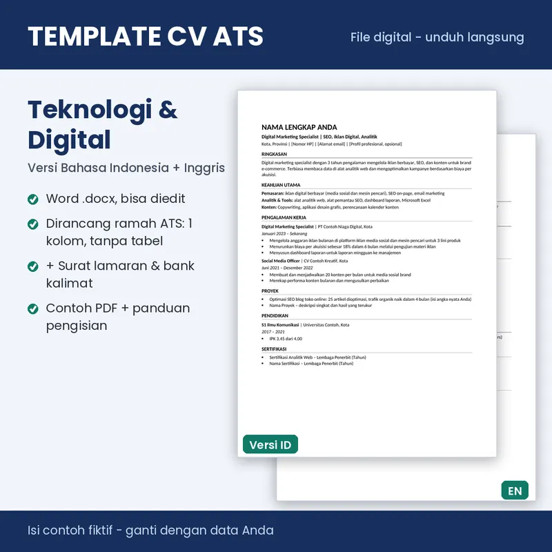 Sampul template CV ATS 03 Teknologi & Digital (Word, Indonesia + Inggris)