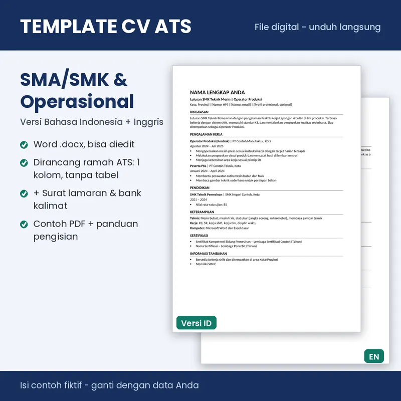 Sampul template CV ATS 04 SMA/SMK & Operasional (Word, Indonesia + Inggris)