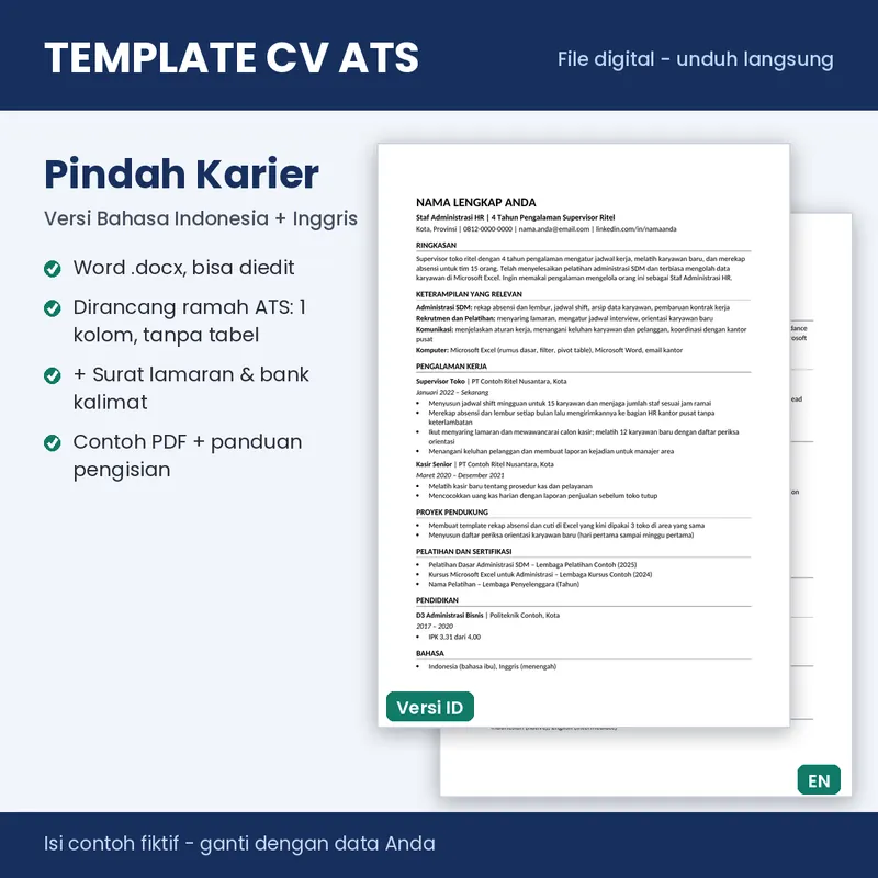 Sampul template CV ATS 05 Pindah Karier (Word, Indonesia + Inggris)