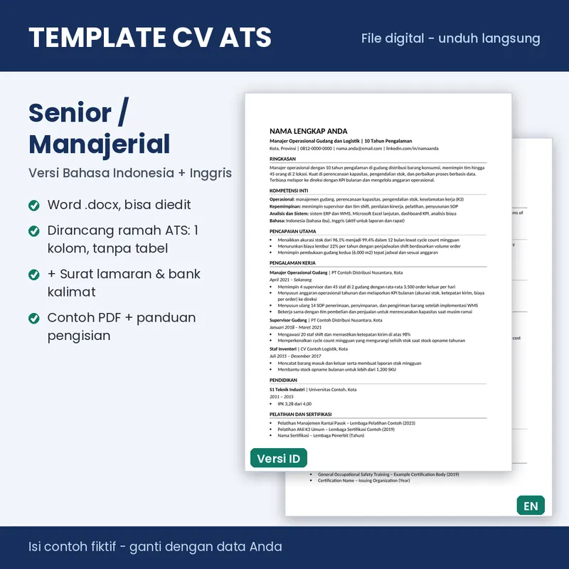 Sampul template CV ATS 06 Senior / Manajerial (Word, Indonesia + Inggris)