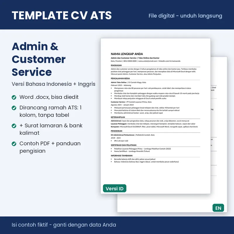 Sampul template CV ATS 07 Admin & Customer Service (Word, Indonesia + Inggris)