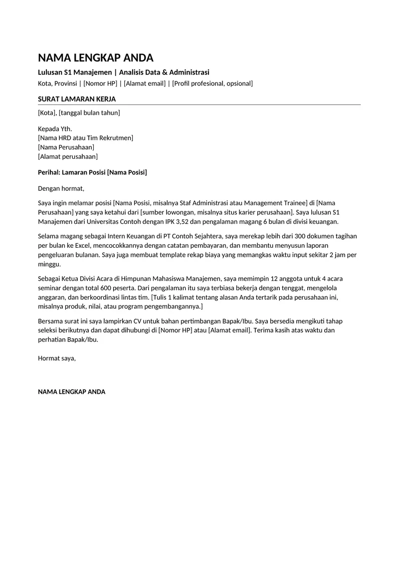 Tampilan surat lamaran template 01 Fresh Graduate setelah disimpan sebagai PDF (isi contoh fiktif)